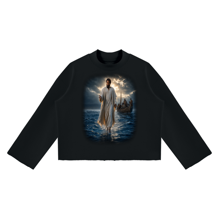 Jubilore "Jesus Walks On Water" Unisex Mock Neck Raw Edge Boxy Sweatshirt