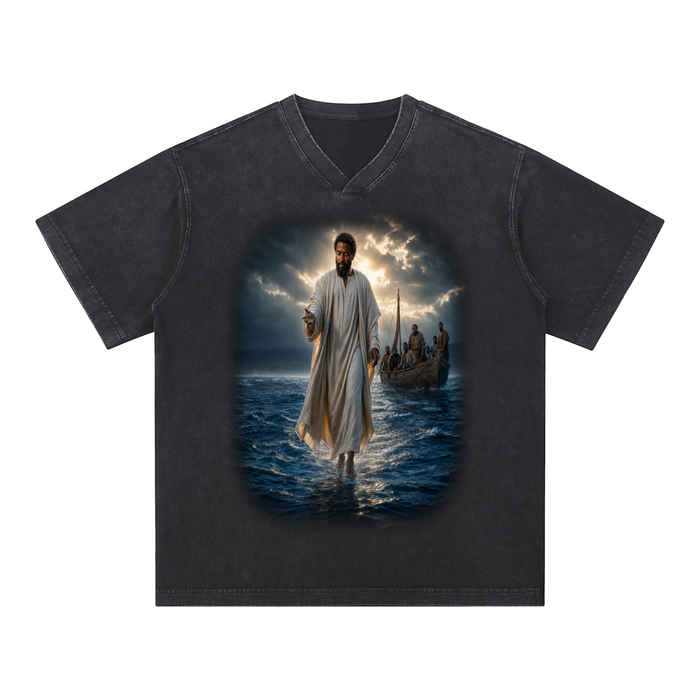 Jubilore "Jesus Walks On Water" Snow Washed V-Neck Cotton T-Shirt