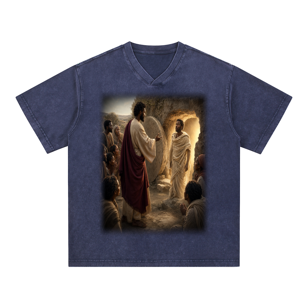 Jubiloré “Jesus Resurrects Lazarus” Snow Washed V-Neck Cotton T-Shirt