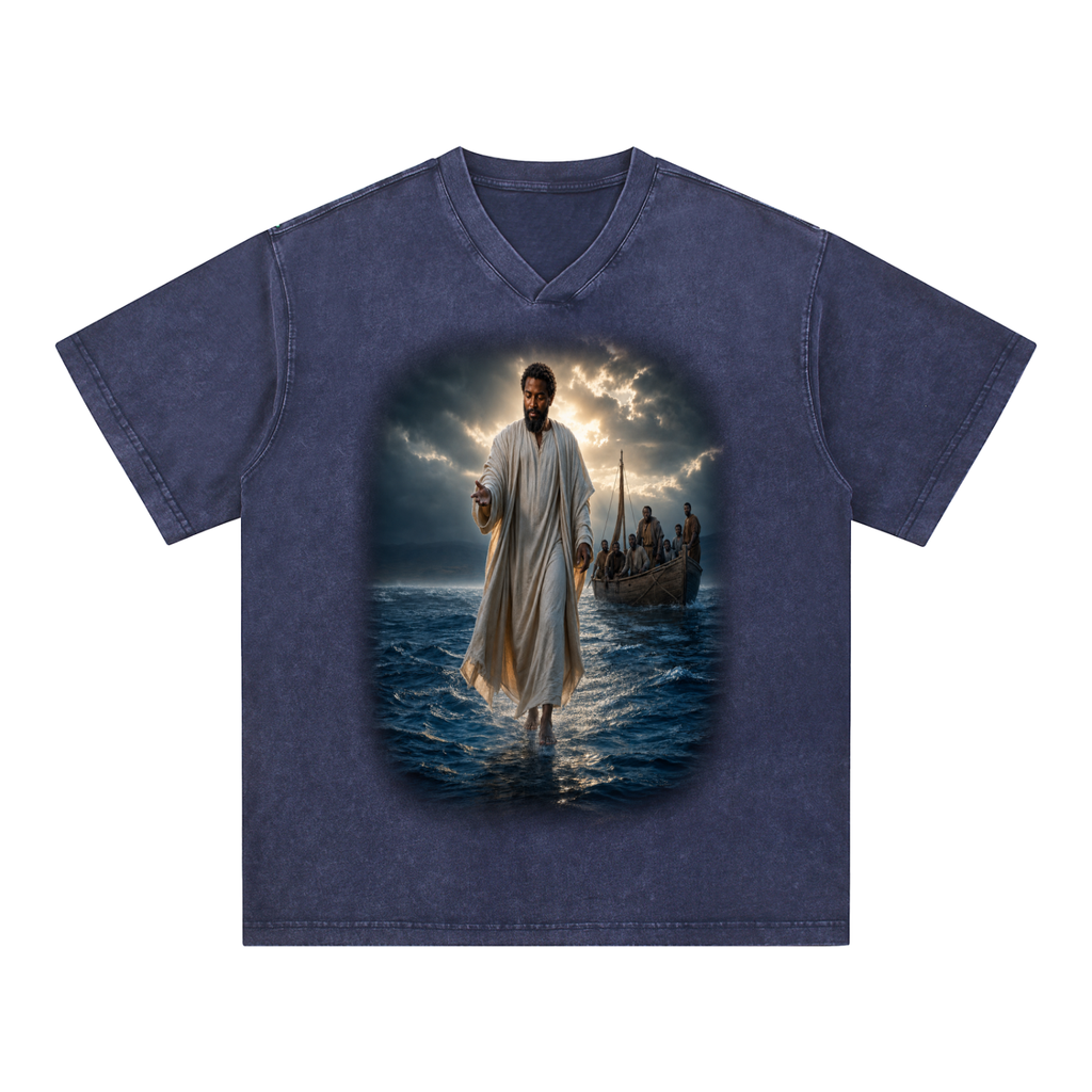 Jubilore "Jesus Walks On Water" Snow Washed V-Neck Cotton T-Shirt