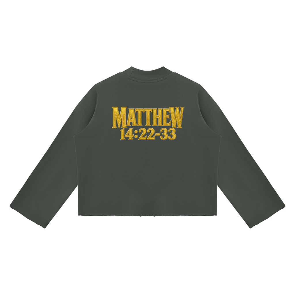 Jubilore "Jesus Walks On Water" Unisex Mock Neck Raw Edge Boxy Sweatshirt