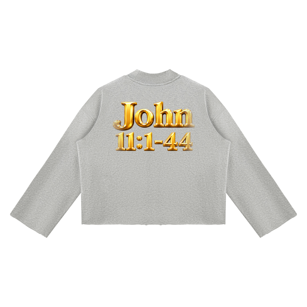 Jubiloré “Jesus Resurrects Lazarus” Unisex Mock Neck Raw Edge Boxy Sweatshirt